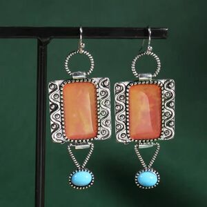 ✨🆕✨Boho Silver Plated Burnt Orange Turquoise Decor Stones  Drop Earrings 🔅✨